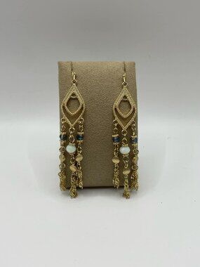 Gold Toned Chandelier Blue White & Gold Beaded Earrings